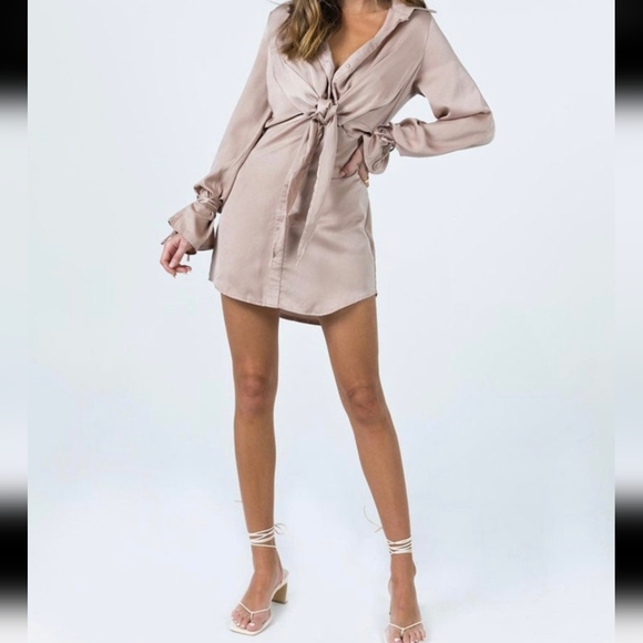 Princess Polly Liberty Beige satin tie-front long sleeve Mini dress - Picture 2 of 6
